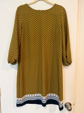 Ann Taylor Olive Green Printed Midi Dress with Navy and White Band Hem